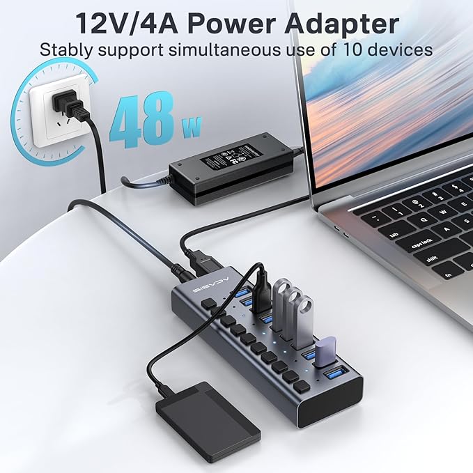 Powered USB 3.2 Hub, ACASIS 10 Ports USB 3.2 Hub with 10Gbps Data Speed, Aluminum Housing, USB Hub Powered with 48W Power Adapter, USB Hub for PC/Laptop, Computer, Flash Drive, Printer, Camera