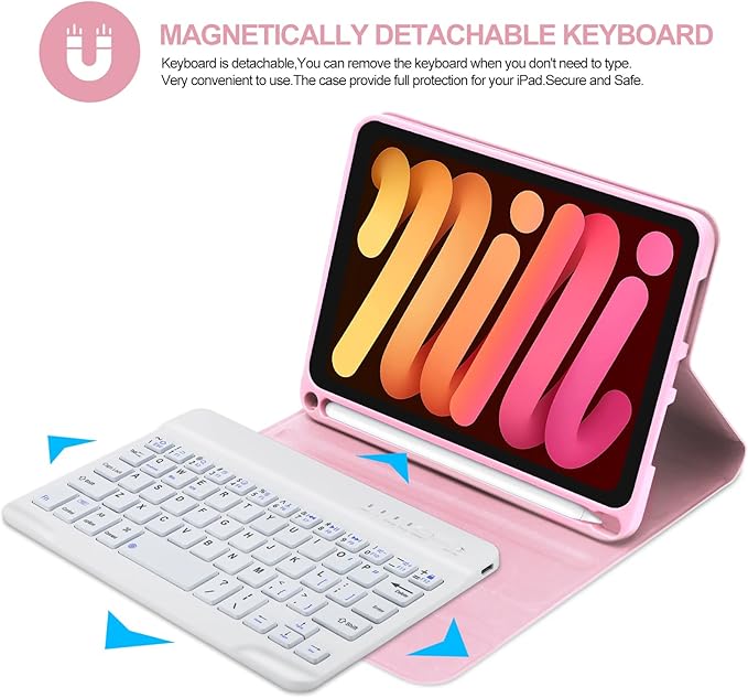 BORIYUAN iPad mini 7th Gen Keyboard Case 2024, Detachable Bluetooth Keyboard Slim Folio Smart Cover with Build-in Pencil Holder for iPad mini (A17 Pro) 7th Gen 2024 / 6th Gen 8.3 Inch, Pink