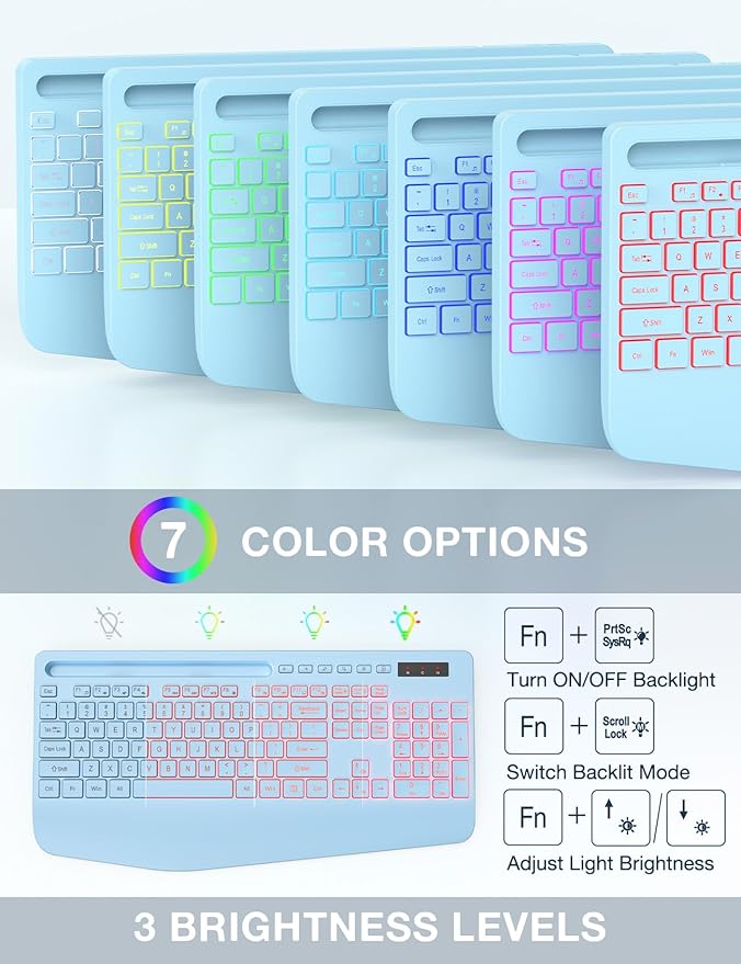 Wireless Keyboard and Mouse Combo, 9 Backlit Effects, Wrist Rest, Phone Holder, 3 DPI Speed, 2.4G Ergonomic Keyboards, KM22 MAX Rechargeable Silent Set for Computer, Laptop, Mac, Windows, Blue-SABLUTE