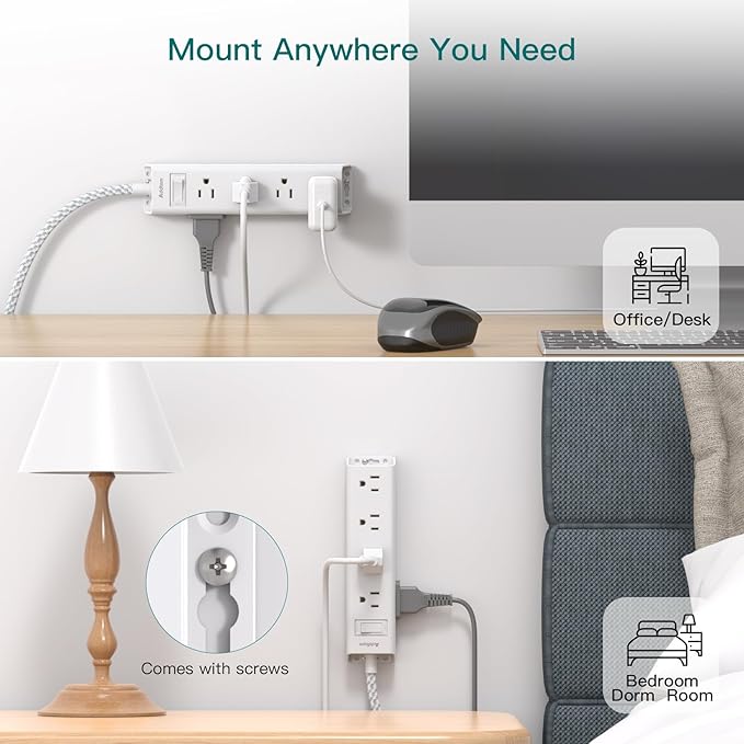 6Ft Extension Cord - Surge Protector Power Strip, Addtam 12 Widely 3 Sides Outlet Extender, Flat Plug, Wall Mount, Desktop Charging Station for Home Office College Dorm Room Essentials