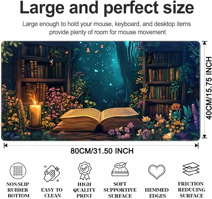 Gothic Desk Mat Gaming Desk Pad Blue Forest Large Mouse Pad, Mysterious Library Mouse Mat XXL Laptop Keyboard Pad, Vintage Gamer Mouse Pad Full Mousepads for School Office Home 31.5"x15.7"