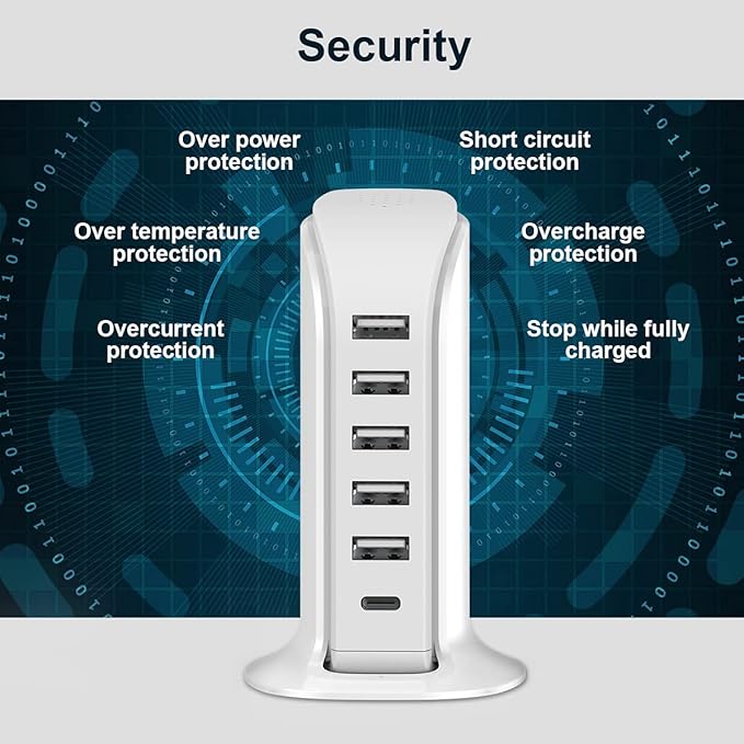 Charging Station for Multiple Devices 40W Upoy, Wall Charger Block 5 USB Ports(Shared 6A), USB Charging Hub Smart IC, Charger Tower with Type-C 3A for iPhone iPad Tablets Smartphones, Home Office Use