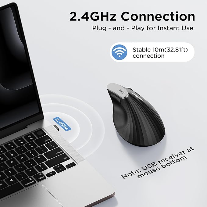 Uineer Wireless Ergonomic Mouse, Rechargeable Vertical Mouse 2.4G with USB-A Receiver, 2400 DPI Optical Tracking Mice, Quiet Clicks, 6 Buttons, Ergo Cordless Computer Mouse for Windows/Mac/Laptop