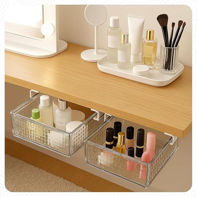 Slide and Stash Under Desk Drawers Office Organizer 2-Pack Small and Medium – Office Organization Drawer Slides Include Adhesive Tape – Easy DIY Installation for Desk Organization, Cupboard, Wardrobe