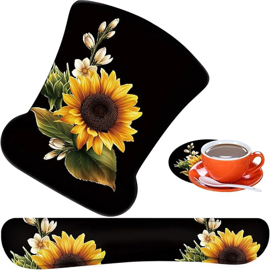 Ergonomic Mouse Pad, Mouse Wrist Rest Pad + Keyboard Wrist Rest Pad + Coaster, Made of Memory Foam, Easy to Use and Relieve Wrist Pain, Computer, Games, Office, Home - Magnolia Flower Sunflowe