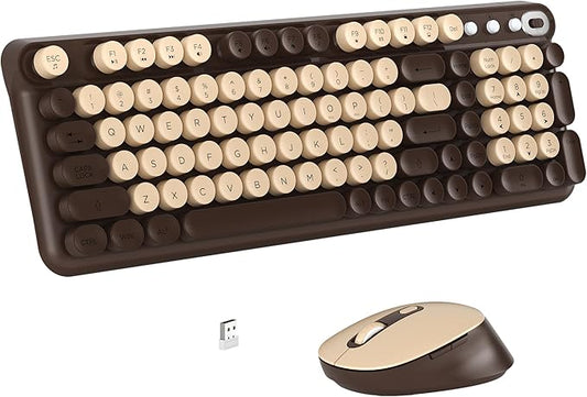 Wireless Keyboard and Mouse Combo, Full-Size Retro Typewriter Keyboard Style, 2.4GHz USB Receiver, Plug-and-Play, Keyboard Mouse Set for Computer, Laptop, Windows, Mac, and PC (Coffee)