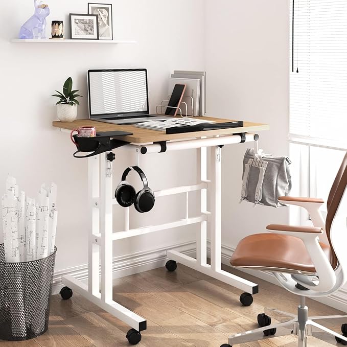 Klvied Mobile Standing Desk with Removable Cup Holder, Portable and Easy to Move, Ideal for Home or Office, Khaki