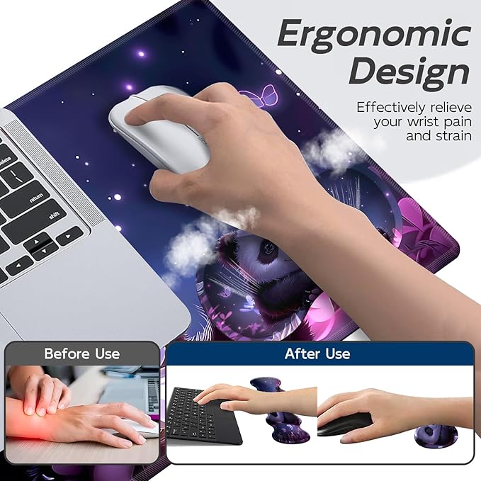 Gaming Mouse Pad Set, Cute Panda Large Desk Mat Mousepad, Keyboard Wrist Support, Mouse Wrist Rest, Coaster 4in1 Ergonomic Memory Foam, Non-Slip Stitched Edge for Home Office