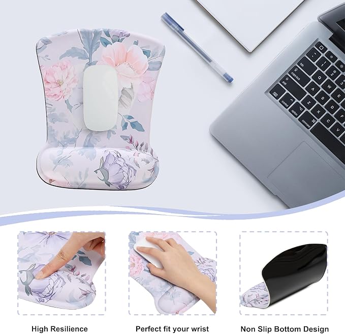 MEGREZ 4-in-1 Ergonomic Memory Foam Wrist Rest Set, Desk Pad, Mouse Pad with Wrist Rest, Keyboard Pad, Suitable for Office Workers, Programmers & Gamers–Relieve Typing & Gaming Fatigue, Color Flower