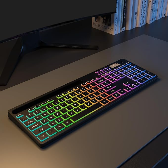 Wireless Keyboard with 7-Color RGB Backlit, Full-Size Computer Keyboard with Phone Tablet Holder, 2.4G Rechargeable Gaming Keyboard with Light Up Keys, Compatible with Mac, Windows (Black)