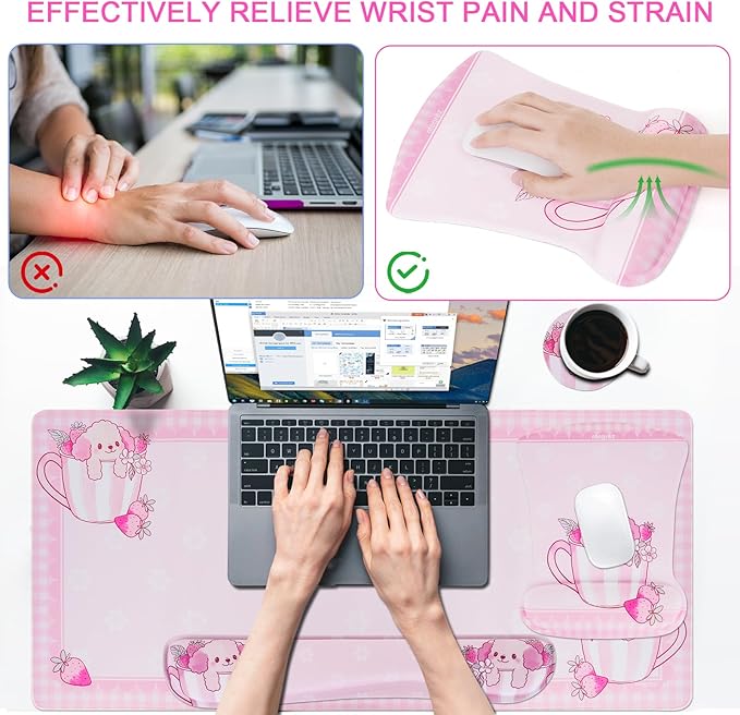MEGREZ 4-in-1 Ergonomic Memory Foam Wrist Rest Set, Desk Pad, Mouse Pad with Wrist Rest, Keyboard Pad, Suitable for Office Workers, Programmers & Gamers–Relieve Typing & Gaming Fatigue, Pink