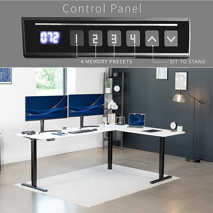 VIVO Corner Standing Desk, 84 x 63 inch Reversible L-Shaped Workstation, Electric Height Adjustment, Home, Office, and Reception Rooms, White Table Top Black Frame, DESK-E3CTBW-84