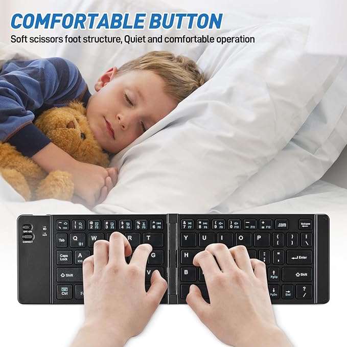 Mini Rechargeable Foldable Bluetooth Keyboard and Mouse Combo, Portable (Sync Up to 3 Devices), Ultra-Slim Travel Folding Keyboard for iPhone iPad Mac Android Windows iOS（Black）