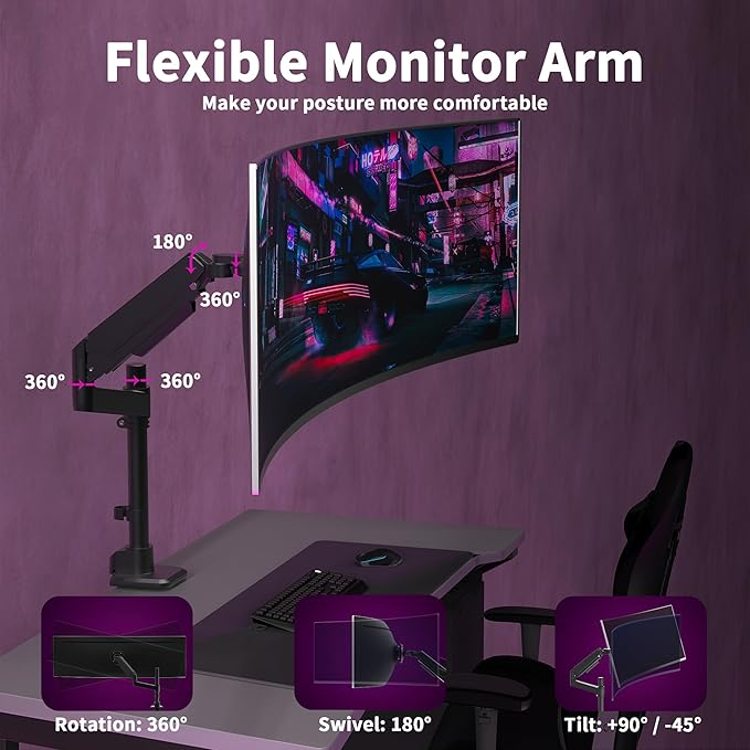Single Monitor Arm for 17-49 Inch Ultrawide Screens, Single Monitor Mount Heavy Duty up to 44lbs, Adjustable Vertical Stacked Full Motion Single Monitor Arm Desk Mount, 75/100mm VESA Mount, Black