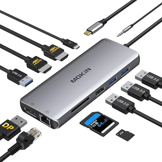 USB C Docking Station 3 Monitors,USB C Hub with 2 HDMI, DisplayPort, 100W PD, 4 *USB, Gigabit Ethernet, SD/TF Card Reader, Audio Port,Multiport Adapter for Laptops,HP, Dell, Lenovo, Surface