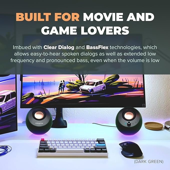 Creative Pebble Pro Minimalist 2.0 USB-C Computer Speakers with Bluetooth 5.3 and Customizable RGB Lighting, Clear Dialog and BassFlex Tech, USB Audio, Headset Port, for PC and Mac (White)