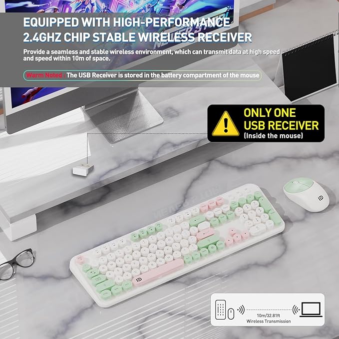 Wireless Keyboards Mouse Combos, Colorful Cute Typewriter Full-Size Retro Round Creamy Keyboard, 2.4GHz Sleep Mode Office Wireless Keyboard and Mouse Set for Desktop Laptop PC Computer