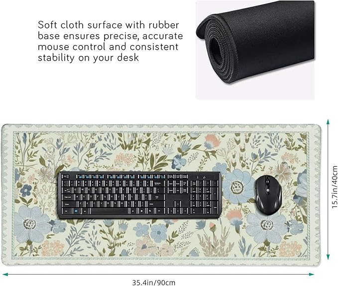 Sage Green Floral XXL Desk Pad, Extra Large Mouse Pad with Anti-Slip Base & Stitched Edges, Desk Mat for Keyboard and Mouse, Aesthetic Office Decor & Desk Accessories for Women, Home & Office