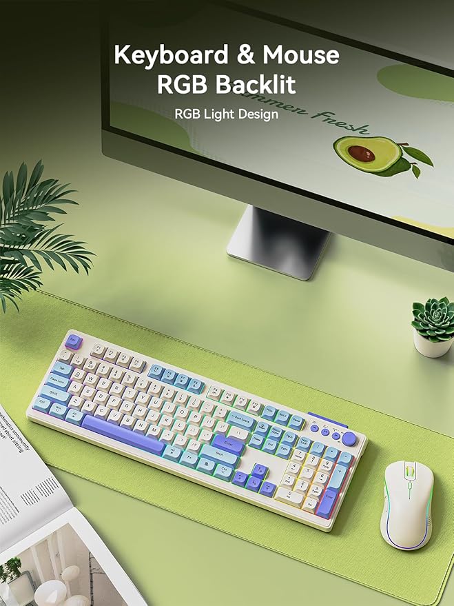 Wireless Keyboard and Mouse Combo, Wireless Keyboard Bluetooth Ergonomic Creamy Computer Keyboards Cute Full Size RGB Backlit Tri-Mode BT/2.4GHz/USB-C for PC Laptop