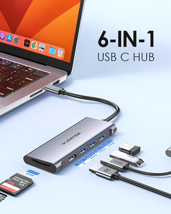 LENTION USB C Hub with 4K HDMI, 3 USB 3.0, SD/Micro SD 3.0 Card Reader, Compatible 2025-2016 MacBook Pro, 2025-2018 Mac Air/Surface, Chromebook, iPhone15 or More, Stable Driver Adapter (Space Gray)
