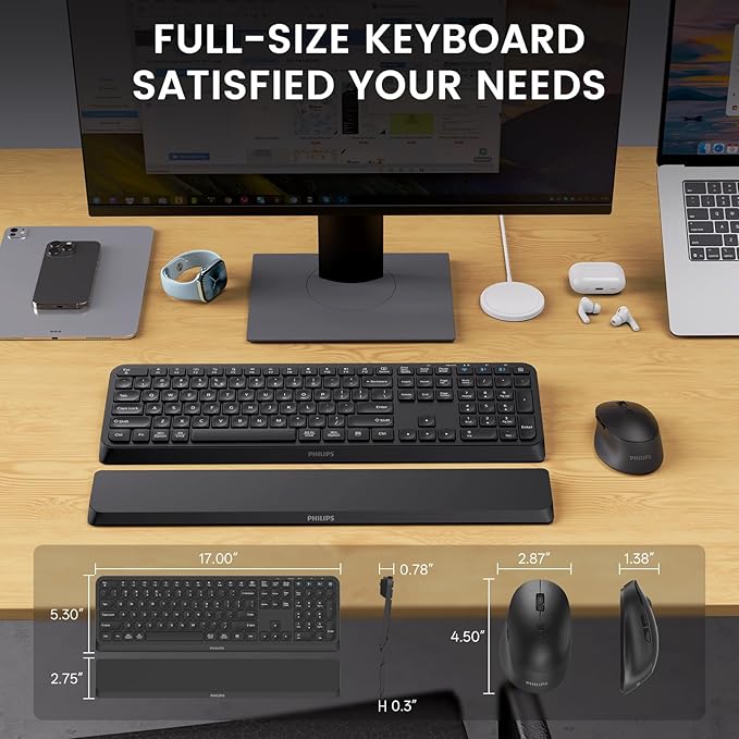 PHILIPS Bluetooth Keyboard and Mouse Combo, Ergonomic Design with Wrist Rest for Computer Keyboard, Bluetooth/2.4Ghz 3-Device Connectivity, Wireless Keyboard and Mouse Set for Windows/Android, Black