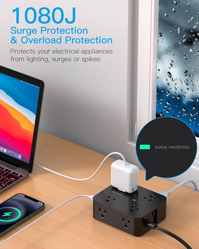 Surge Protector Power Strip 15 Ft Cord, HANYCONY Extension Cord with 8 Outlets 4 USB Ports(2 USB C), Long Cord Power Strip with Flat Plug, Wall Mount, Desk for Home Office