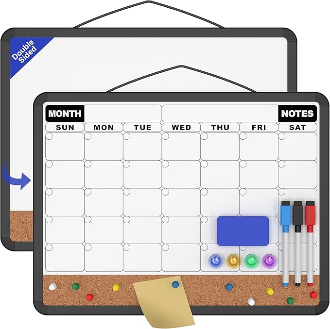 Monthly Calendar Dry Erase Board 16x12 Inch, Double-Sided Whiteboard and Corkboard Combo with Black Plastic Frame, Wall Mounted Planner Organizer with Markers, Magnets, Push Pins, Eraser
