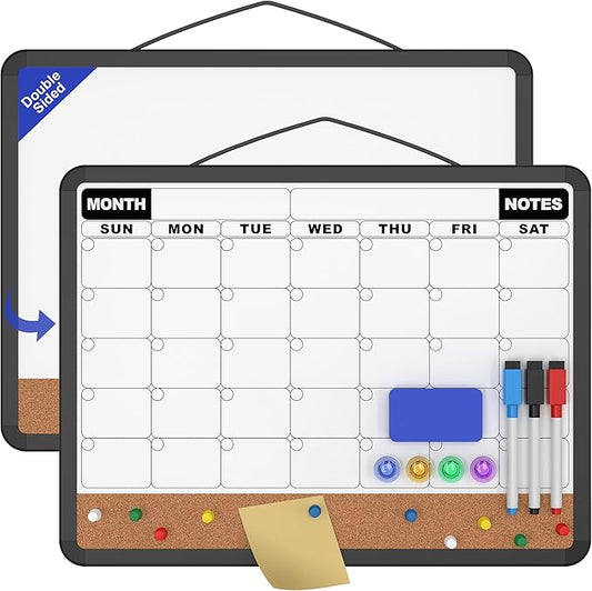 Monthly Calendar Dry Erase Board 16x12 Inch, Double-Sided Whiteboard and Corkboard Combo with Black Plastic Frame, Wall Mounted Planner Organizer with Markers, Magnets, Push Pins, Eraser