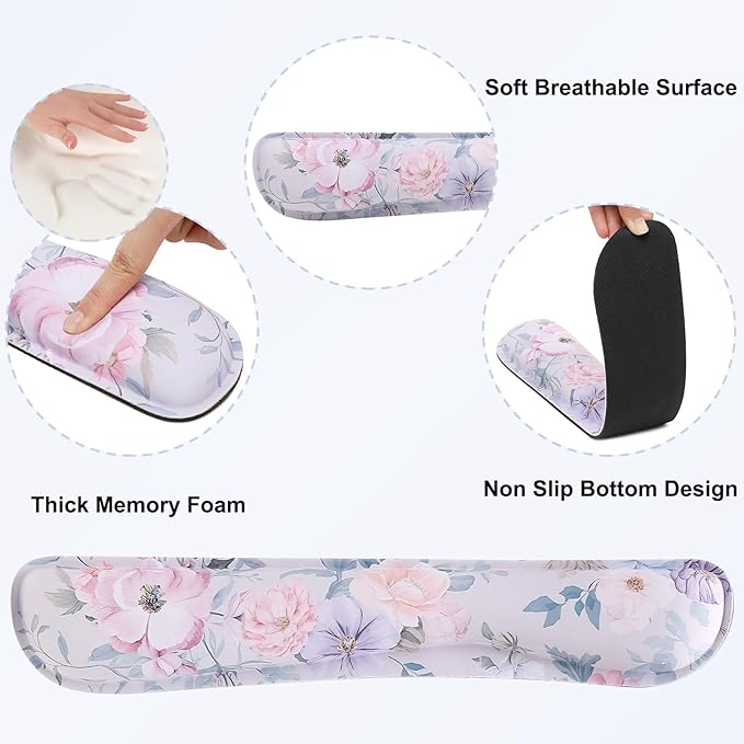 MEGREZ 4-in-1 Ergonomic Memory Foam Wrist Rest Set, Desk Pad, Mouse Pad with Wrist Rest, Keyboard Pad, Suitable for Office Workers, Programmers & Gamers–Relieve Typing & Gaming Fatigue, Color Flower