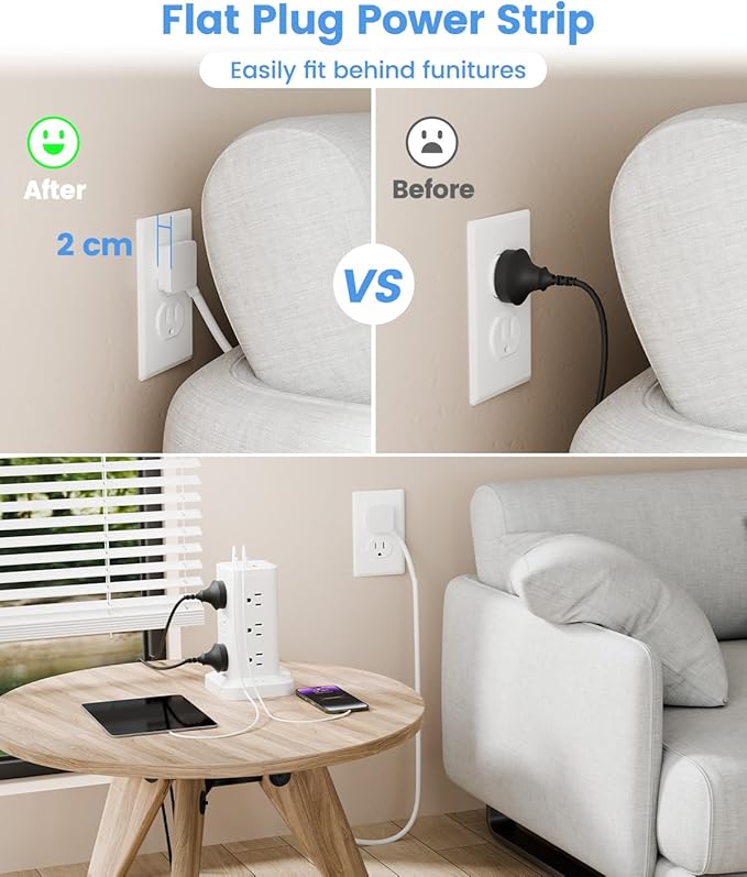 Power Strip Tower with Surge Protector 1800J, Fast Charging Tower PD20W USB-C Ports with 12 AC Outlets, 9.8ft Extension Cord for Home Office Dorm Room, White