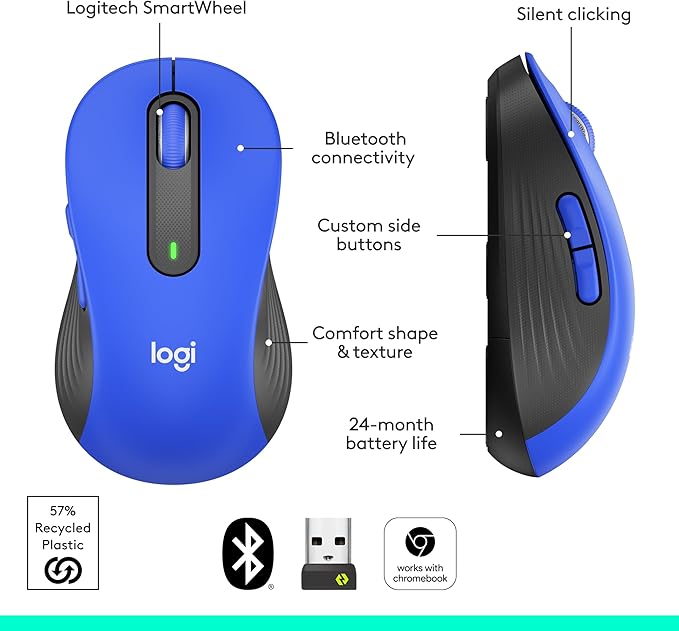 Logitech Signature M650 L Full Size Wireless Mouse - for Large Sized Hands, 2-Year Battery, Silent Clicks, Customizable Side Buttons, Bluetooth, for PC/Mac/Multi-Device/Chromebook - Classic Blue
