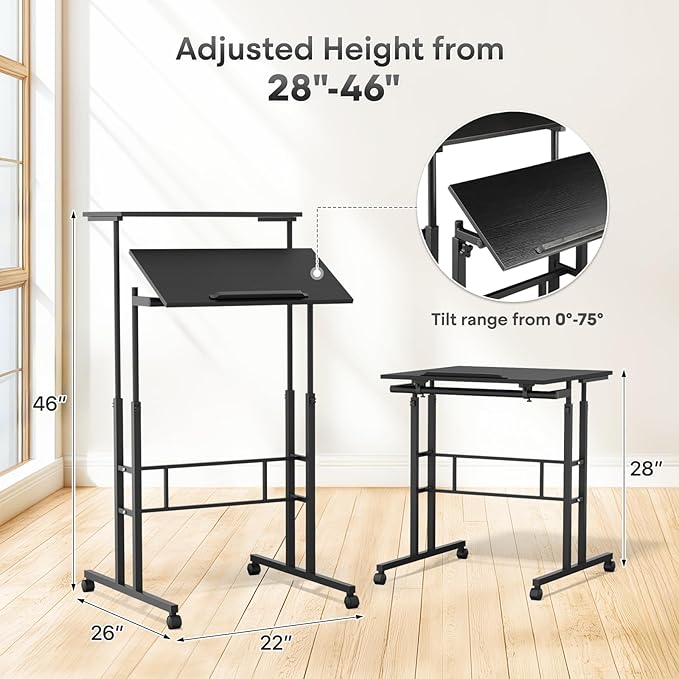 Athena Collection Height Adjustable Rolling Desk Mobile Portable Laptop Stand Cart Small Sit Standing Desk Computer Table Workstation for Home Office, Black
