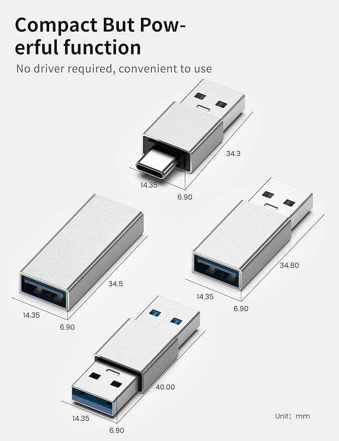 Fidioto 4kinds of USB 3.0 adapters kit, USB 3.0 Male to Male and Female to Male and Female to Female, high Speed Convert Extension Coupler Connector converte,Sliver