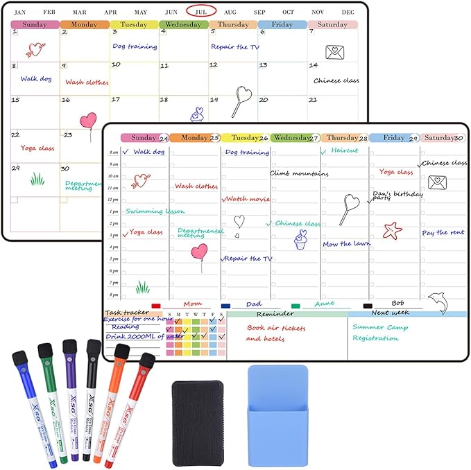 POPRUN 2 Pack Dry Erase Calendar 16.5" × 11", Weekly & Monthly Self Adhesive Planning Board with Time Slots for Wall Glass Wood, Home Office Organizer