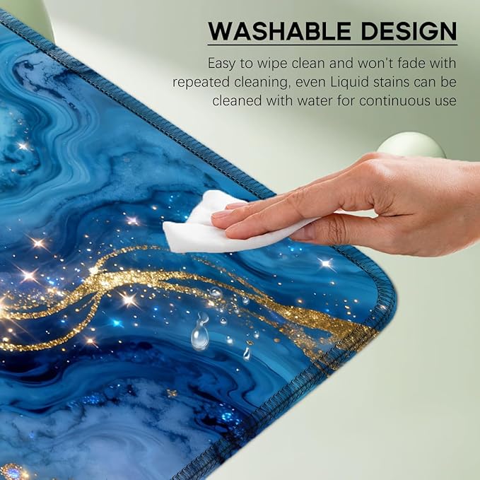 Blue Marble Mouse pad, Large Gold Micro-Woven Fabric Desk mat, with Sewn Edges, Anti-Slip Rubber Base, Suitable for Office Gaming laptops (31.5×11.8 inches)