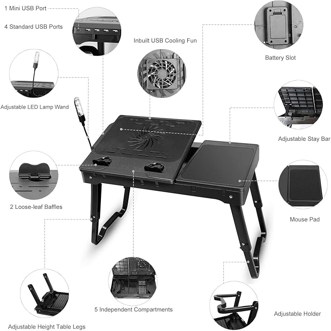 iMountek Laptop Table Bed Notebook Desk-Multi-Functional Laptop Bed Table Tray with Internal Cooling Fan, Laptop Desks with LED Light, 4 USB Ports, Storage, Mouse Pad (black)