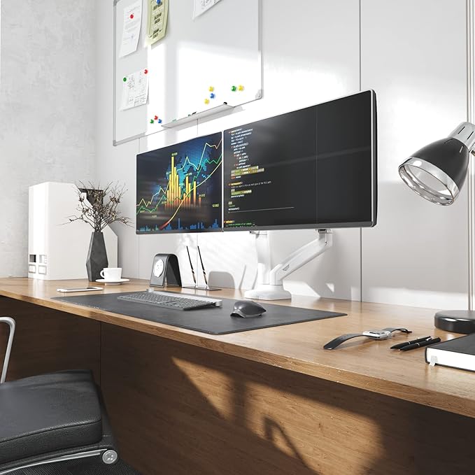 WALI Dual Monitor Stand, Adjustable Gas Spring Arm Monitor Mount for 2 Monitors up to 32 Inch,19.8lbs Capacity (GSMP002W), White by WALI