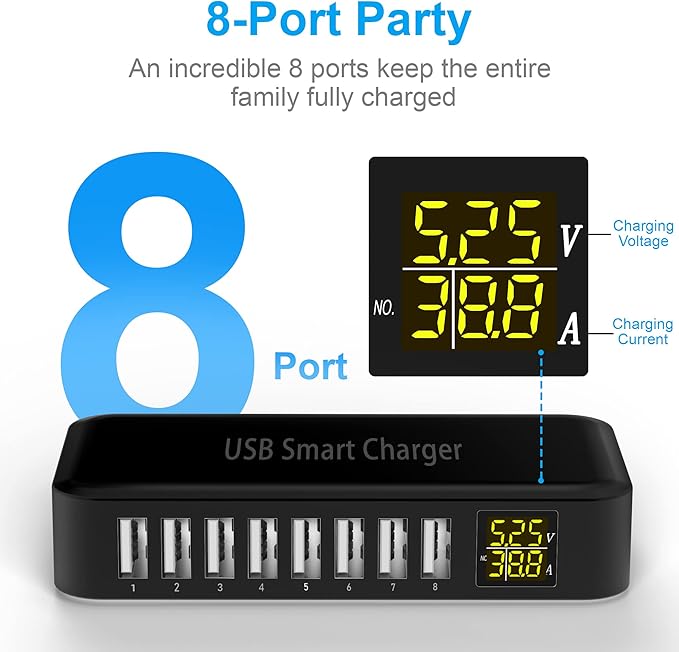 USB Charging Station, Ziwodiv 8-Port 60W/12A USB Charger Station, Multi Ports USB-A Charging Hub with LED Display, Compact Desktop Charger for Multiple Devices, iPhone iPad Samsung Android and Tablet
