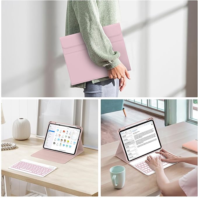 Soke for iPad (A16) 11th/10th Generation Case with Keyboard(2025/2022)-7 Color Backlight Wireless Detachable Folio Keyboard Cover with Built-in Pencil Holder for iPad 11/10.9 inch, Pink