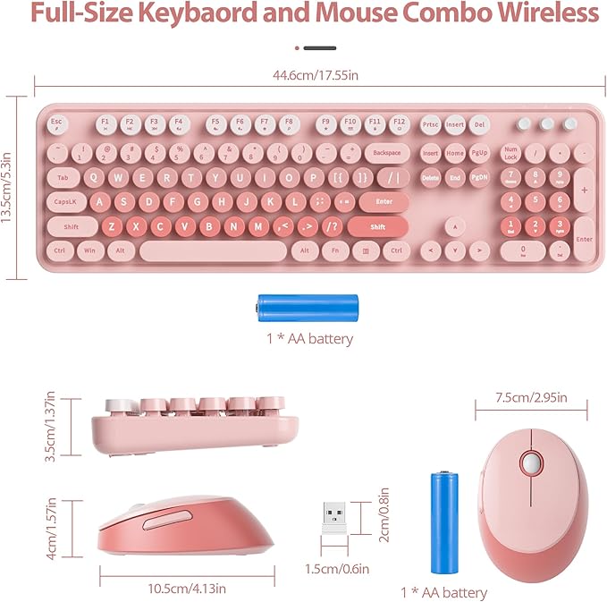 Cute Pink Keyboard and Mouse Combo Wireless, 2.4G Full Size 104-Key Retro Typewriter Keyboards Round Keys for Students Teenagers Home Office PC Laptop(Diary Pink)