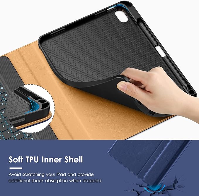 VIKESI Keyboard Case for iPad (A16,2025) 11th Generation/iPad 10th Generation Case (10.9" 2022),Premium Leather Smart Cover,Built-in Breathing Light,Function Row,Pencil Holder,Card Slots - Navy Blue