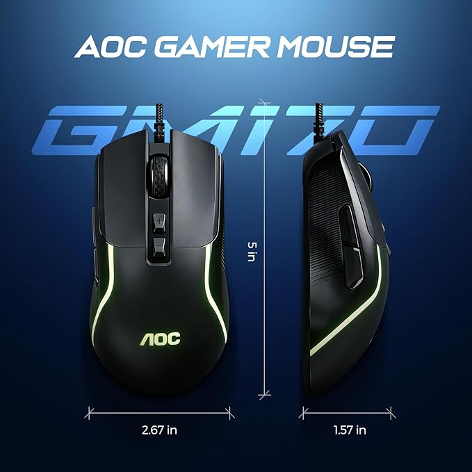 AOC GM170 Wired Gaming Mouse, Black Ergonomic Gamer Corded Mouse USB Computer Mouse Wired with 7 Buttons, Adjustable 7200DPI Optical Game Mice RGB Lighting for PC Laptop Desktop