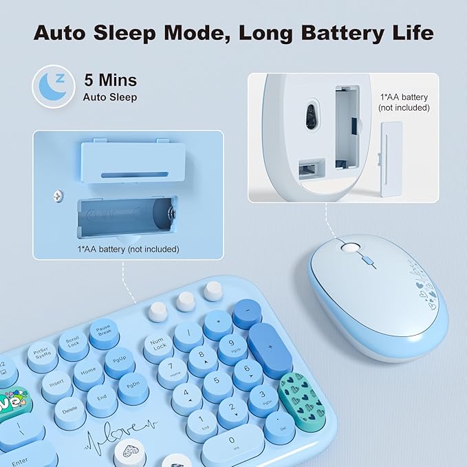 MOFII Wireless Keyboard and Mouse Combo, Cute Keyboard Full Size and Wireless Mouse, 2.4GHz Retro Typewriter Keyboard Mouse Set for PC/Desktop/Laptop/Windows (Blue Colorful)