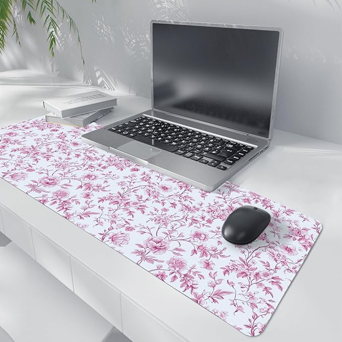 Pink Chinoiserie Mouse Pad,Vintage Pink and White Floral Desk Mat,XL Large Vintage Flowers Preppy Mouse Pad,Girly Laptop Desk Mat for Dorm Home Office,31.5x11.8 Inch
