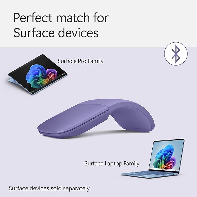 Microsoft Surface Arc Bluetooth Mouse, Ultra-Slim and Lightweight, Snaps Flat for Portability, Full Scroll Plane, Compatible with Windows 11, Battery Included – Violet