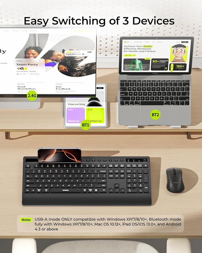 seenda Bluetooth Keyboard and Mouse Combo, Multi-Device Ergonomic Keyboard Mouse with Phone Holder, Full Size Wireless Quiet Combo Compatible for Windows, Laptop, MacBook, PC, iPad - Black
