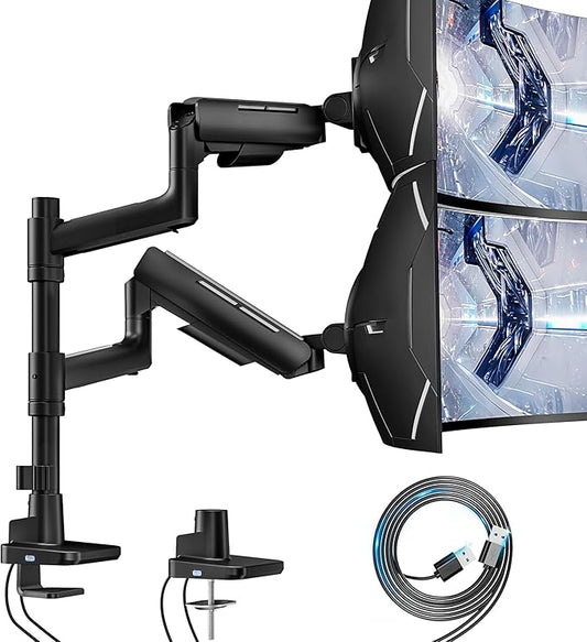 ARES WING Dual Monitor Mount for 17-49 Inch Ultrawide Heavy Duty Curved Screen Stacking, Computer Monitor Arm Desk Mount with USB, Gas Spring Adjustable Vesa Stand, Black