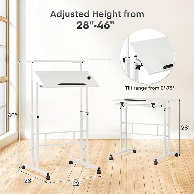Athena Collection Height Adjustable Rolling Desk Mobile Portable Laptop Stand Cart Small Sit Standing Desk Computer Table Workstation for Home Office, White