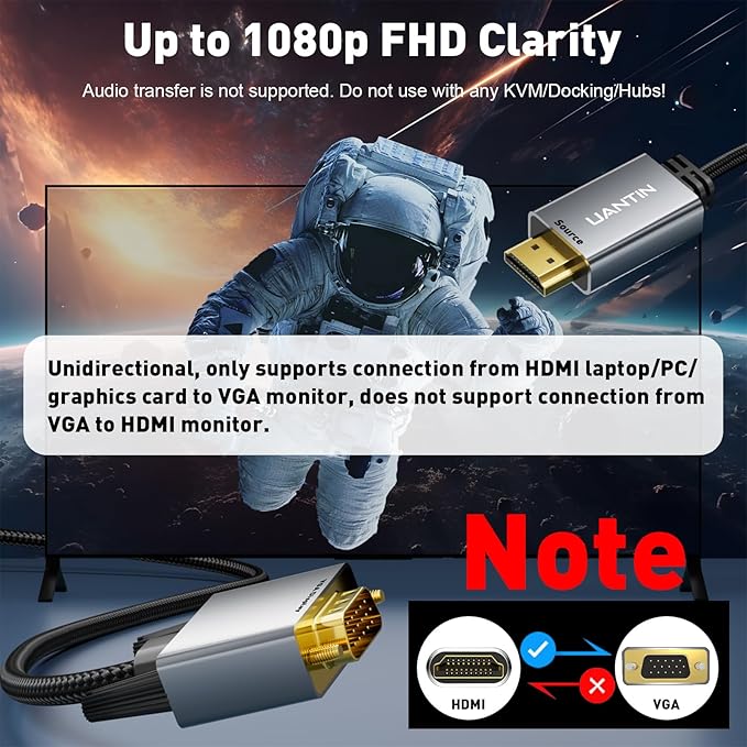 HDMI to VGA Cable Adapter 3FT |Anti-Interference Gold-Plated Plugs| 1080P Aluminum HDMI Source to VGA Display Braided Cord (Male to Male) for PC,Laptop,Xbox,Graphics Card,Monitor More