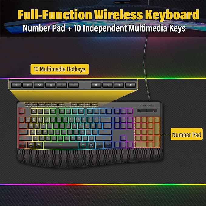 E-YOOSO Wireless Bluethooth Silent Backlit Gaming Keyboard,Tri-Mode BT5.0/2.4GHz/Wired,8 RGB Light up,Ergonomic,USB C Rechargeable,for Typing/Office/Home/PC Computer/Mac/Laptop/IPad/Xbox/PS5